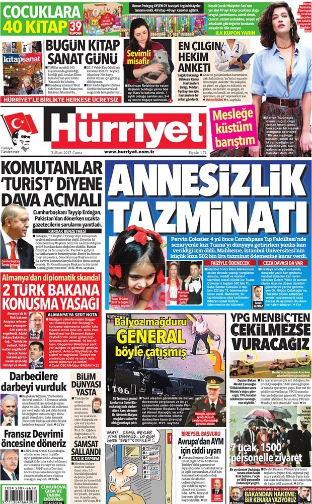 Gazete manşetleri Hürriyet - Habertürk - Sözcü 3 Nisan 2017 - Resim: 1