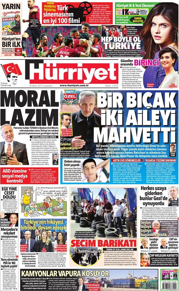 Gazete manşetleri Hürriyet - Sözcü - Milliyet 25 Mart 2017 - Resim: 1