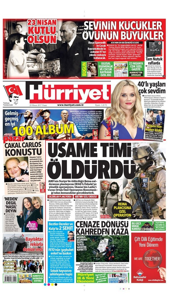 Gazete manşetleri Sözcü - Hürriyet - Habertürk 23 Nisan 2017 - Resim: 1
