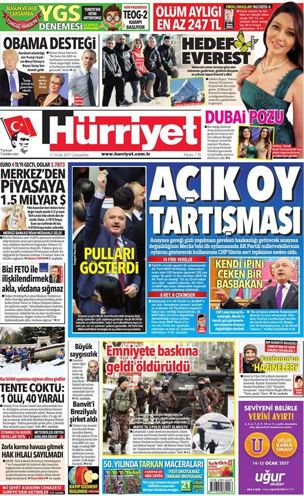 Gazete manşetleri 11 Ocak 2017 Sözcü - Cumhuriyet - Hürriyet ne yazdı? - Resim: 1