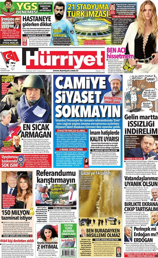 Gazete manşetleri Sözcü - Hürriyet - Habertürk 8 Şubat 2017 - Resim: 2