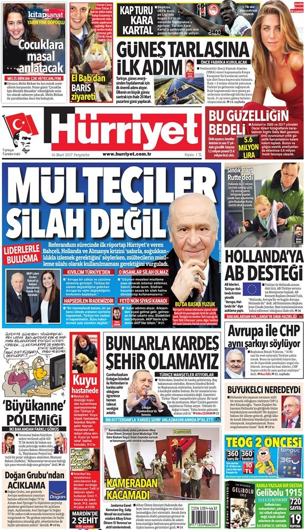 Gazete manşetleri Milliyet - Hürriyet - Vatan 16 Mart 2017 - Resim: 2