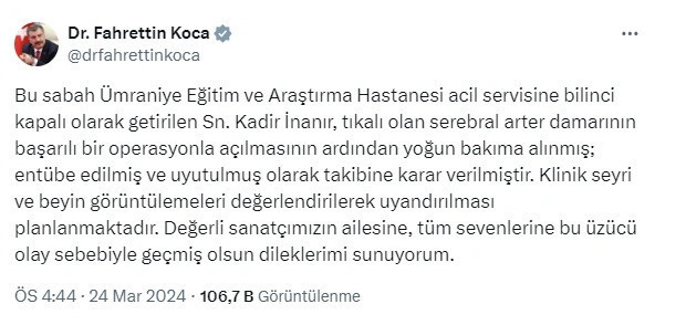 Fahrettin Koca’dan açıklama! Kadir İnanır’ın sağlık durumu... - Resim: 0