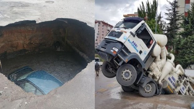 Çukura önce otomobil sonra kamyon düştü! - Resim: 1