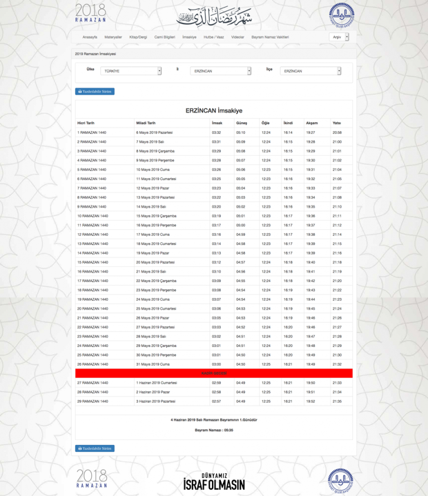 Diyanet 2019 İmsakiyesi Erzincan sahur imsak vakti iftar saatleri - Resim: 0