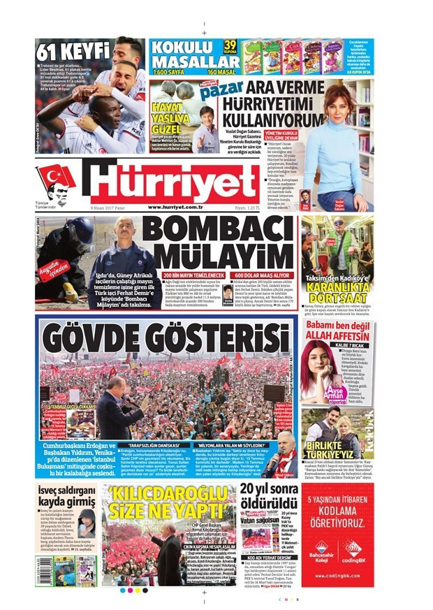 Gazete manşetleri Hürriyet - Sözcü - Sabah 9 Nisan 2017 - Resim: 1