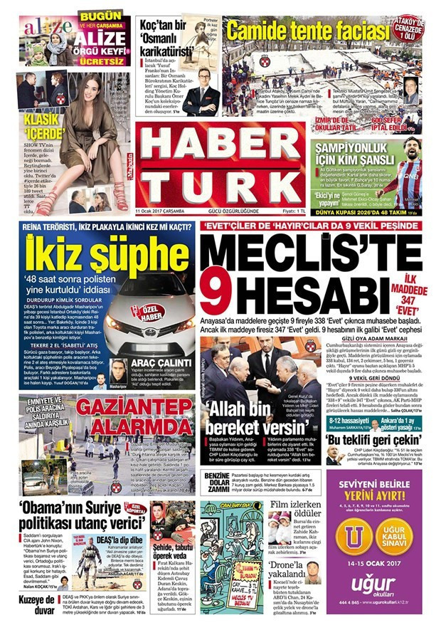 Gazete manşetleri 11 Ocak 2017 Sözcü - Cumhuriyet - Hürriyet ne yazdı? - Resim: 2