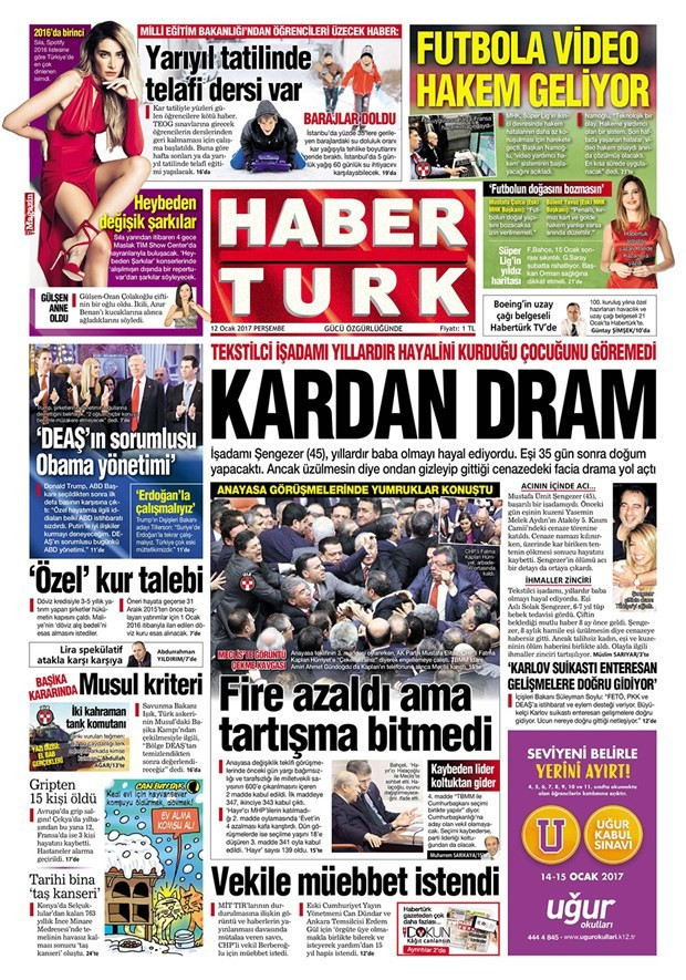 Gazete manşetleri 12 Ocak 2017 Hürriyet - Sözcü - Habertürk ne yazdı? - Resim: 3