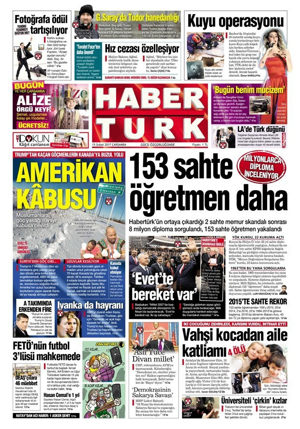 Gazete manşetleri 15 Şubat 2017 Hürriyet - Habertürk - Sözcü - Resim: 2