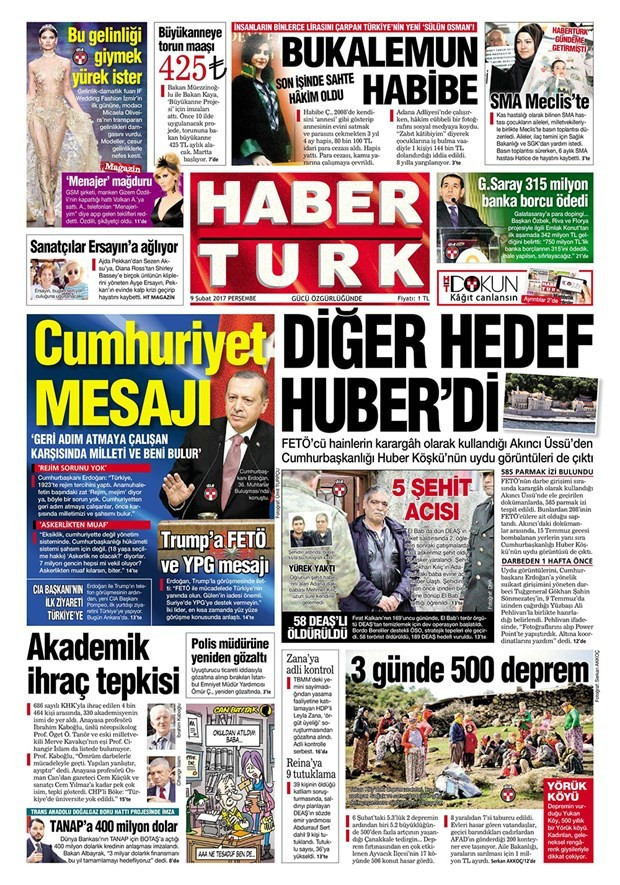 Gazete manşetleri Habertürk - Hürriyet - Sözcü 9 Şubat 2017 - Resim: 2