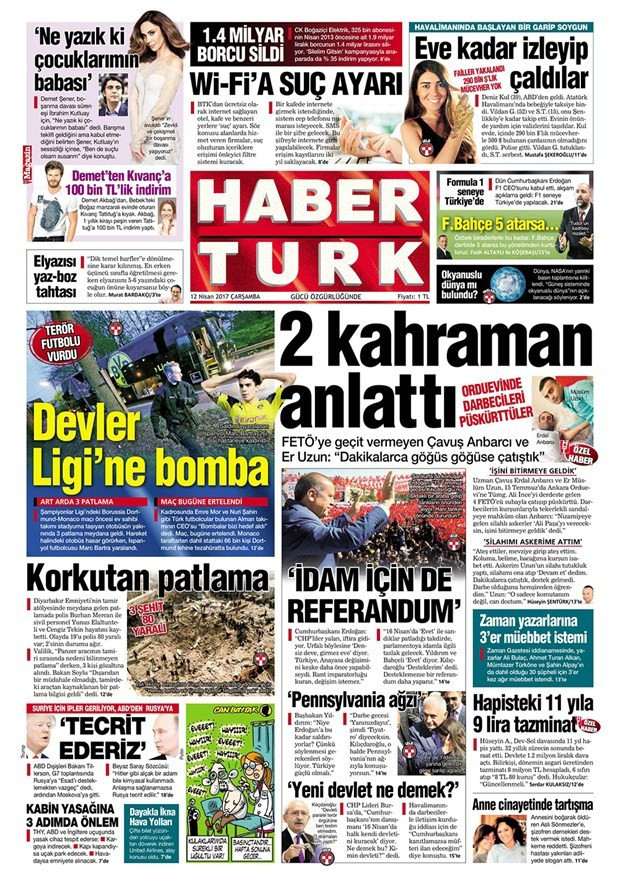 Gazete manşetleri Milliyet - Hürriyet - Sözcü 12 Nisan 2017 - Resim: 3