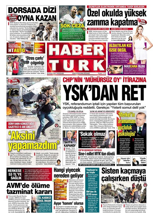 Gazete manşetleri Hürriyet - Sözcü - Habertürk 20 Nisan 2017 - Resim: 2