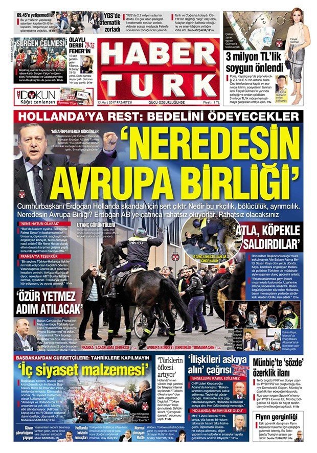 Gazete manşetleri Sözcü - Hürriyet - Habertürk 13 Mart 2017 - Resim: 1
