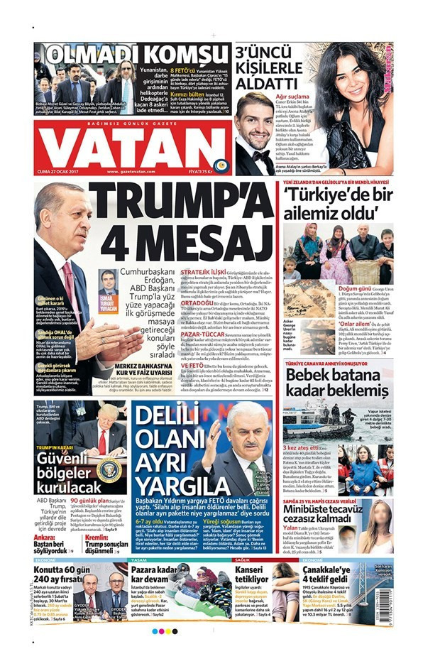 Gazete manşetleri Sözcü - Hürriyet - Yeni Şafak 27 Ocak 2017 - Resim: 2