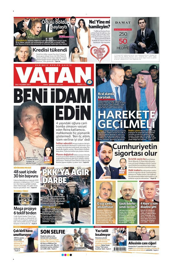 Gazete manşetleri Sözcü - Vatan - Hürriyet 14 Şubat 2017 - Resim: 1