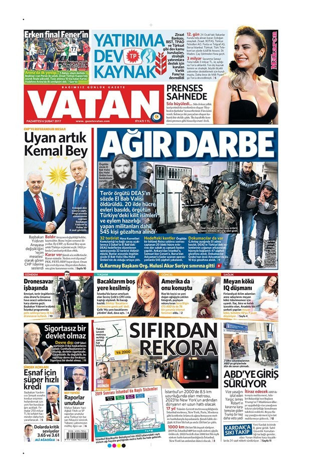 Gazete manşetleri Sözcü - Hürriyet - Habertürk 6 Şubat 2017 - Resim: 2