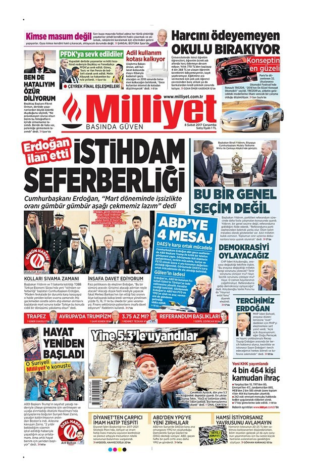 Gazete manşetleri Sözcü - Hürriyet - Habertürk 8 Şubat 2017 - Resim: 4