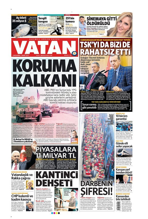 Gazete manşetleri Vatan - Sözcü - Habertürk 1 Mart 2017 - Resim: 1