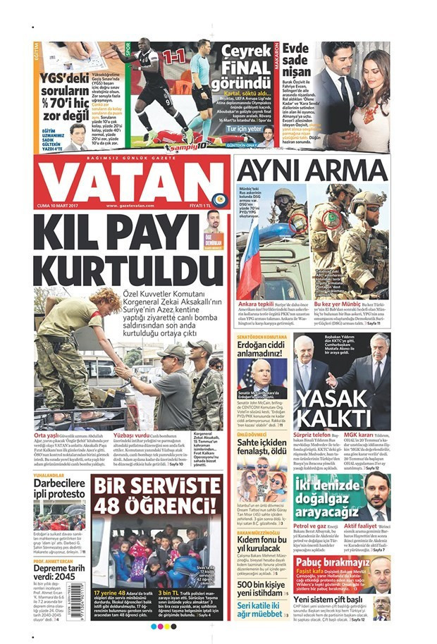 Gazete manşetleri Sözcü - Vatan - Habertürk 10 Mart 2017 - Resim: 1