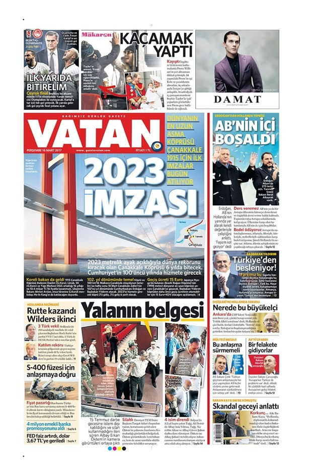 Gazete manşetleri Milliyet - Hürriyet - Vatan 16 Mart 2017 - Resim: 1