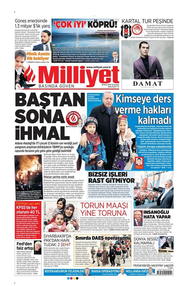 Gazete manşetleri Milliyet - Hürriyet - Vatan 16 Mart 2017 - Resim: 3