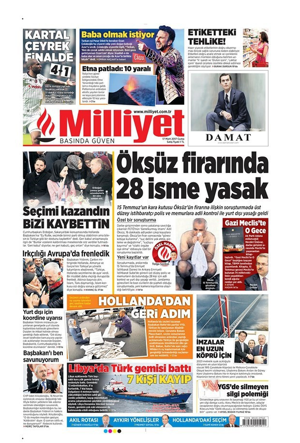 Gazete manşetleri Sözcü - Hürriyet - Habertürk 17 Mart 2017 - Resim: 1