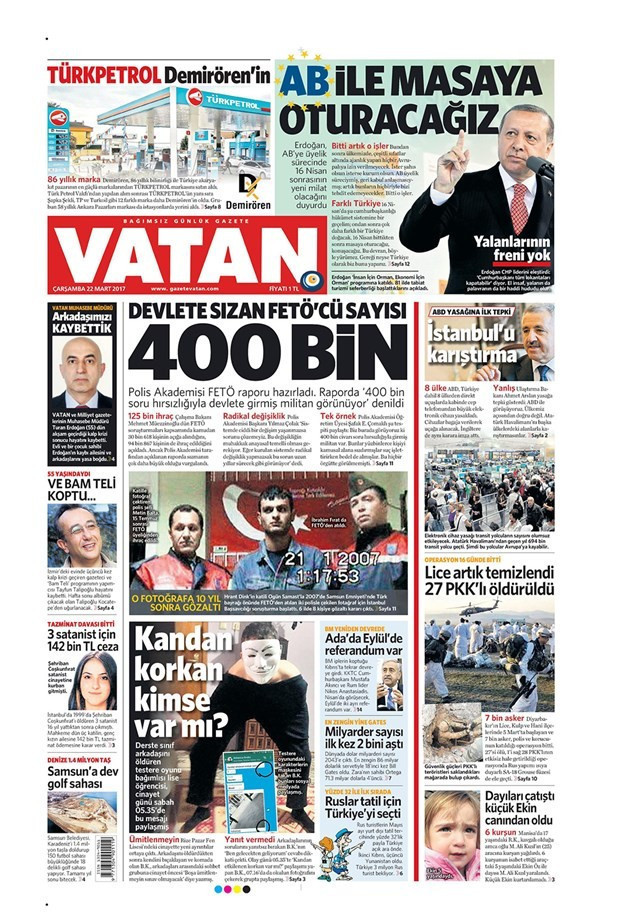 Gazete manşetleri Milliyet - Sözcü - Hürriyet  22 Mart 2017 - Resim: 2
