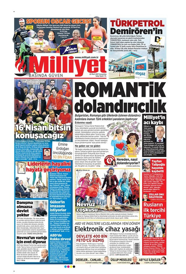 Gazete manşetleri Milliyet - Sözcü - Hürriyet  22 Mart 2017 - Resim: 3