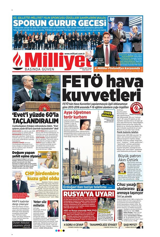 Gazete manşetleri Milliyet - Hürriyet - Sözcü 24 Mart 2017 - Resim: 3