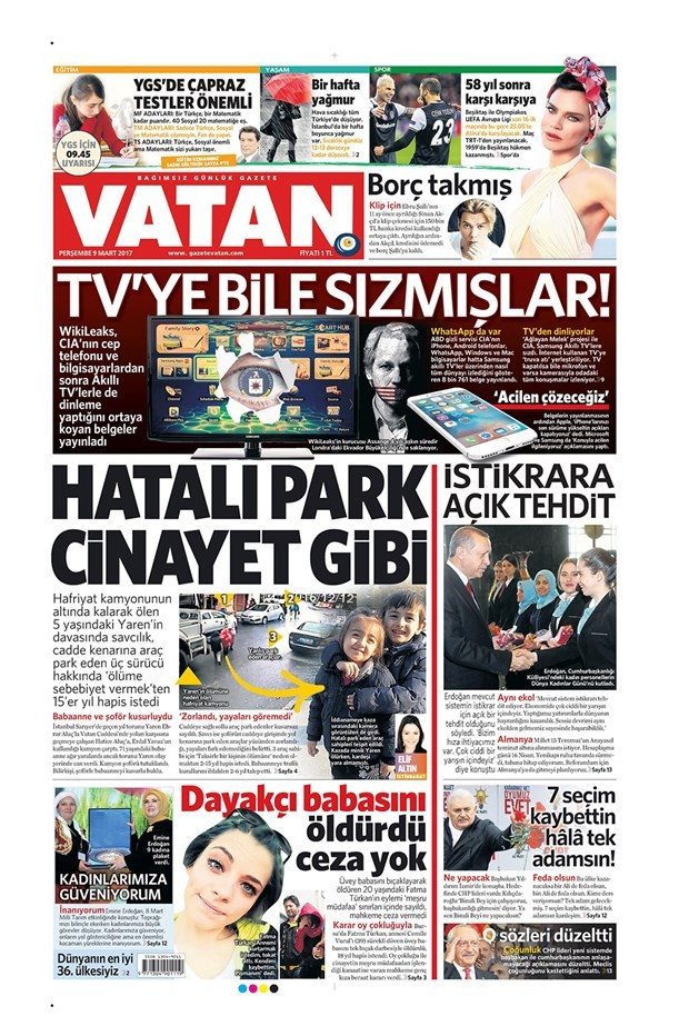 Gazete manşetleri Sözcü - Hürriyet - Milliyet 9 Mart 2017 - Resim: 1