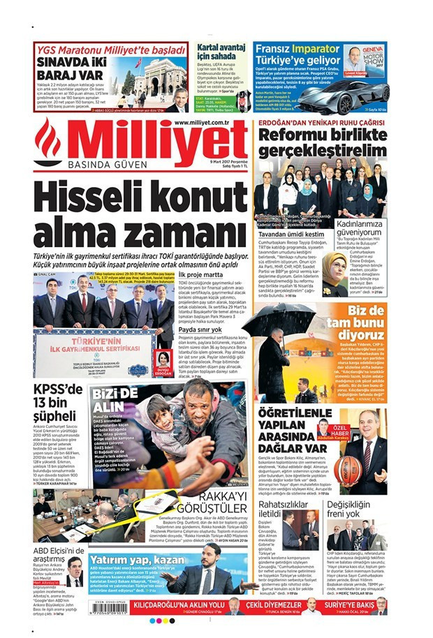 Gazete manşetleri Sözcü - Hürriyet - Milliyet 9 Mart 2017 - Resim: 2