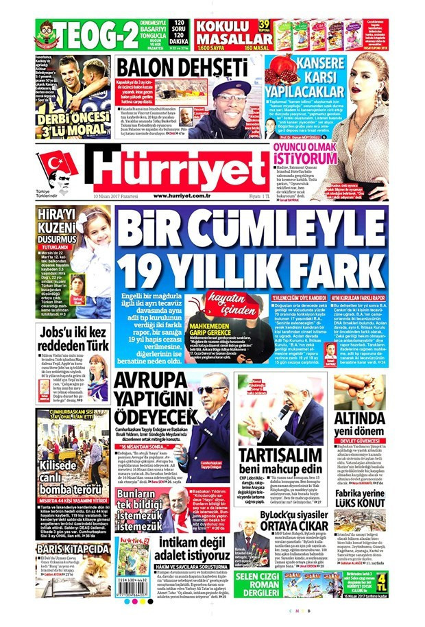 Gazete manşetleri Milliyet - Hürriyet - Sözcü 10 Nisan 2017 - Resim: 1