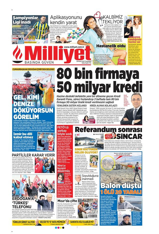 Gazete manşetleri Milliyet - Hürriyet - Sözcü 10 Nisan 2017 - Resim: 2