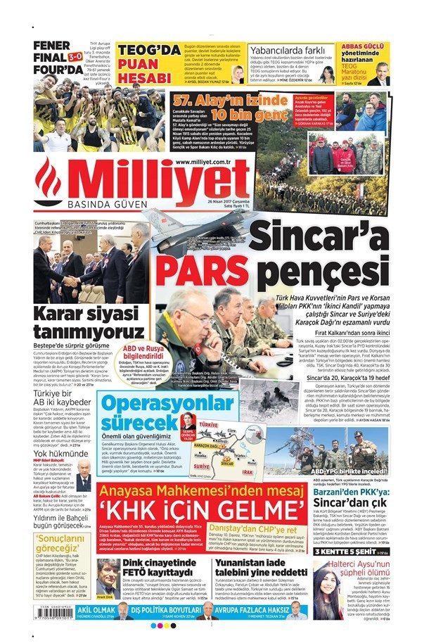 Gazete manşetleri Sözcü - Hürriyet - Milliyet 26 Nisan 2017 - Resim: 2