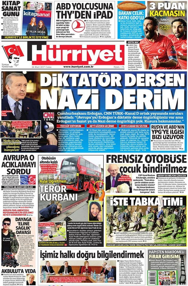 Gazete manşetleri Milliyet - Hürriyet - Sözcü 24 Mart 2017 - Resim: 1