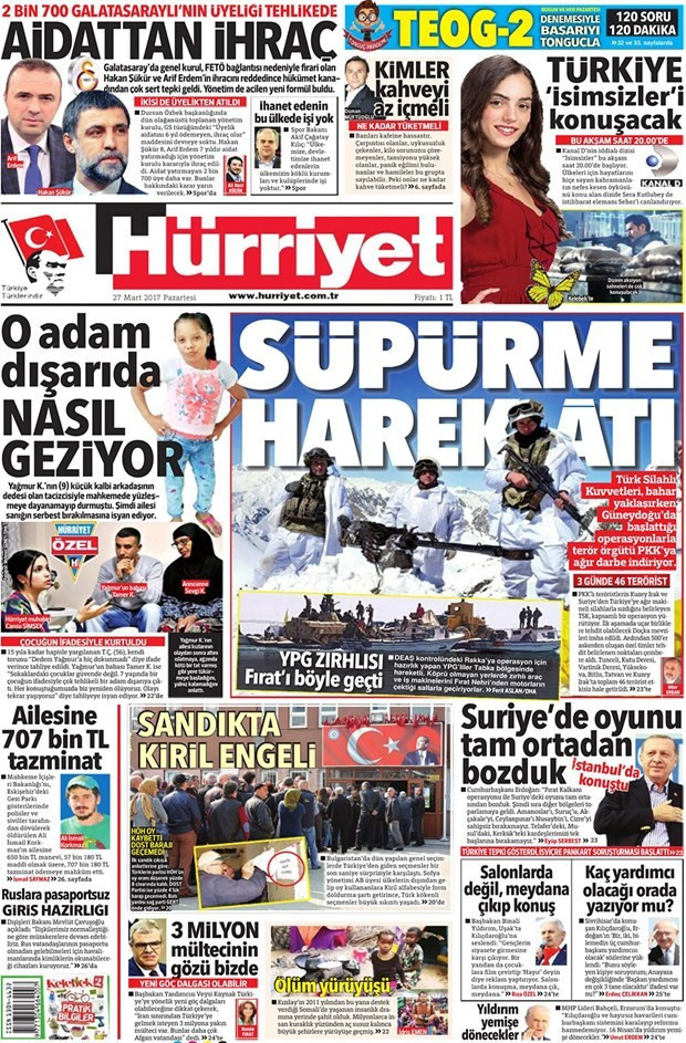 Gazete manşetleri Hürriyet - Sözcü - Milliyet 27 Mart 2017 - Resim: 2
