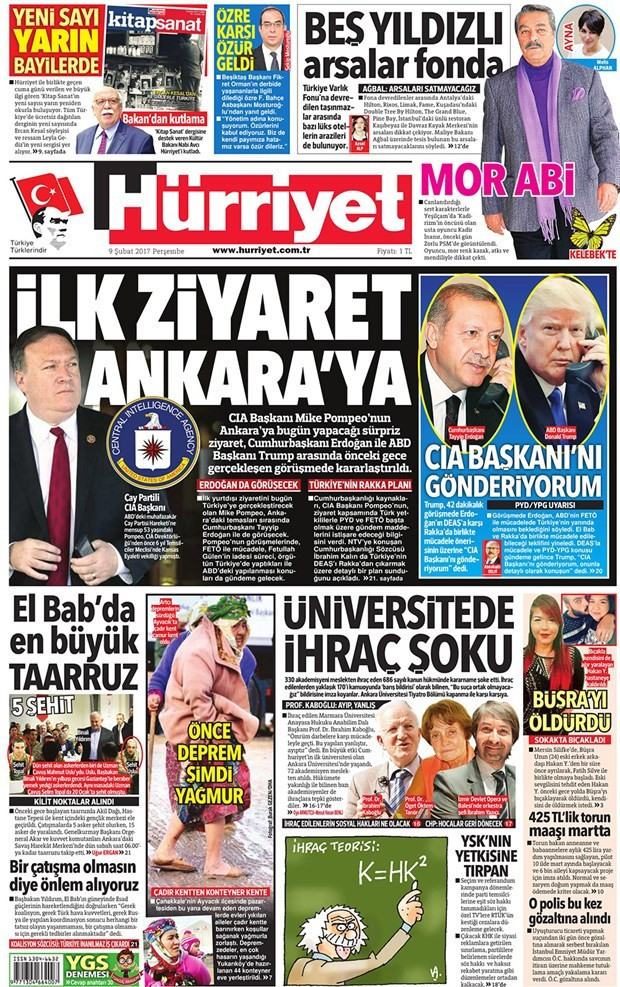 Gazete manşetleri Habertürk - Hürriyet - Sözcü 9 Şubat 2017 - Resim: 1