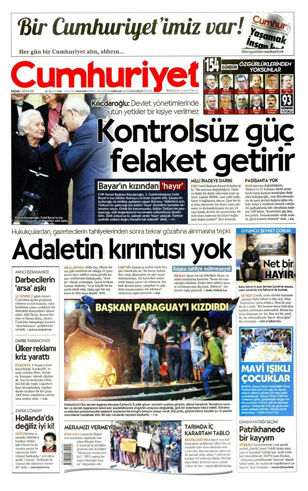 Gazete manşetleri Milliyet - Hürriyet - Sözcü 2 Nisan 2017 - Resim: 3
