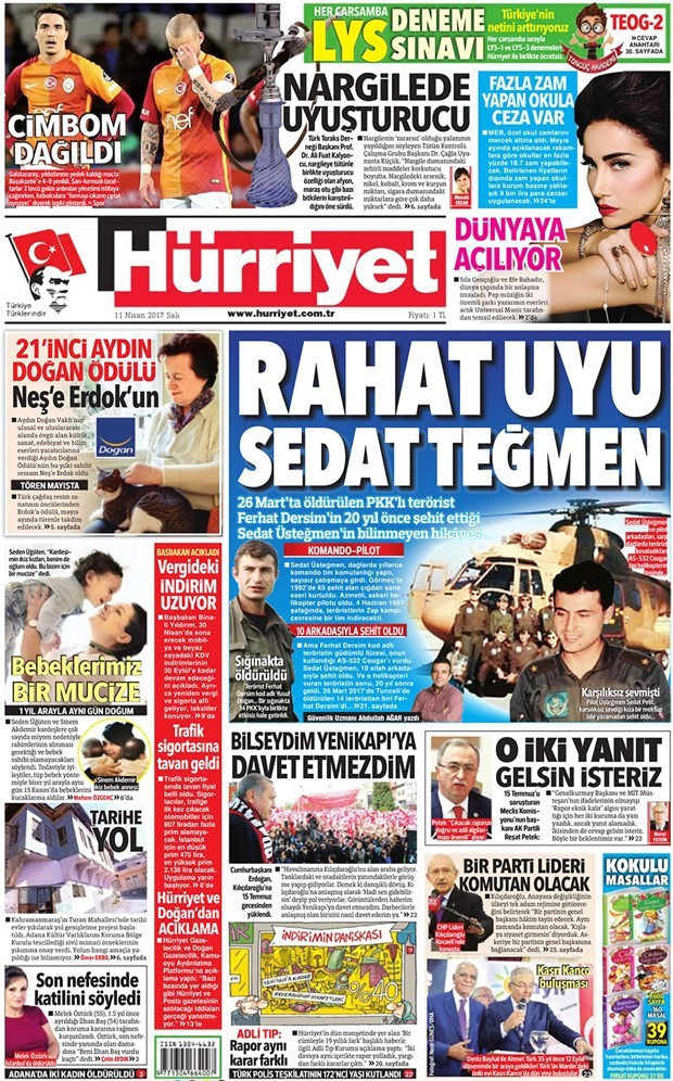 Gazete manşetleri Sözcü - Hürriyet - Sabah 11 Nisan 2017 - Resim: 1