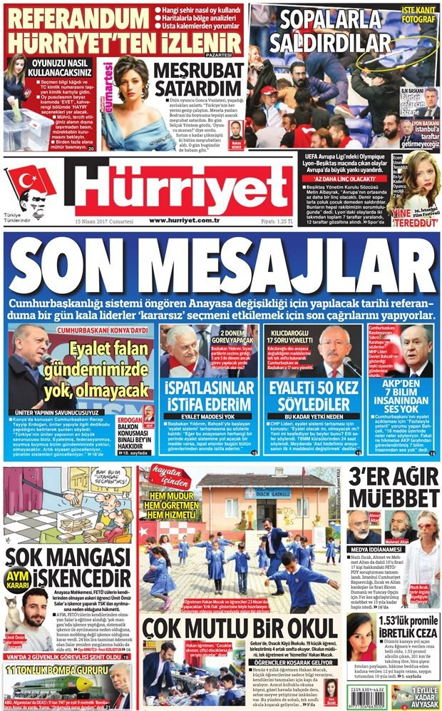 Gazete manşetleri Sözcü - Hürriyet - Milliyet 15 Nisan 2017 - Resim: 1