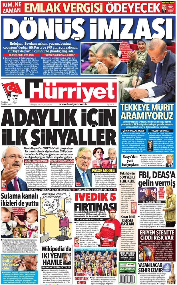 Gazete manşetleri Hürriyet - Sözcü - Habertürk 3 Mayıs 2017 - Resim: 1
