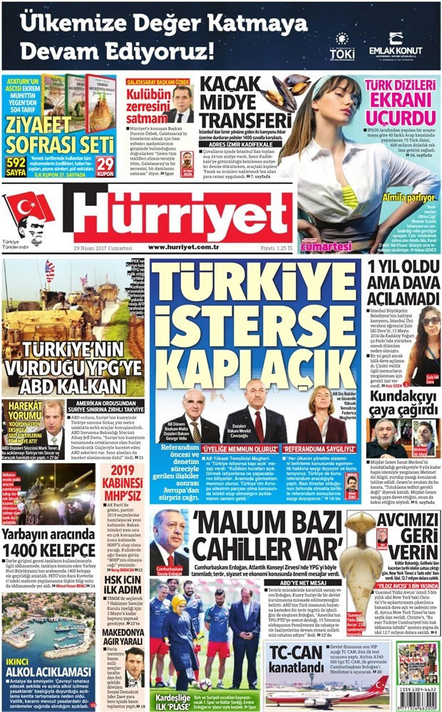 Gazete manşetleri Hürriyet - Sözcü - Milliyet 29 Nisan 2017 - Resim: 1