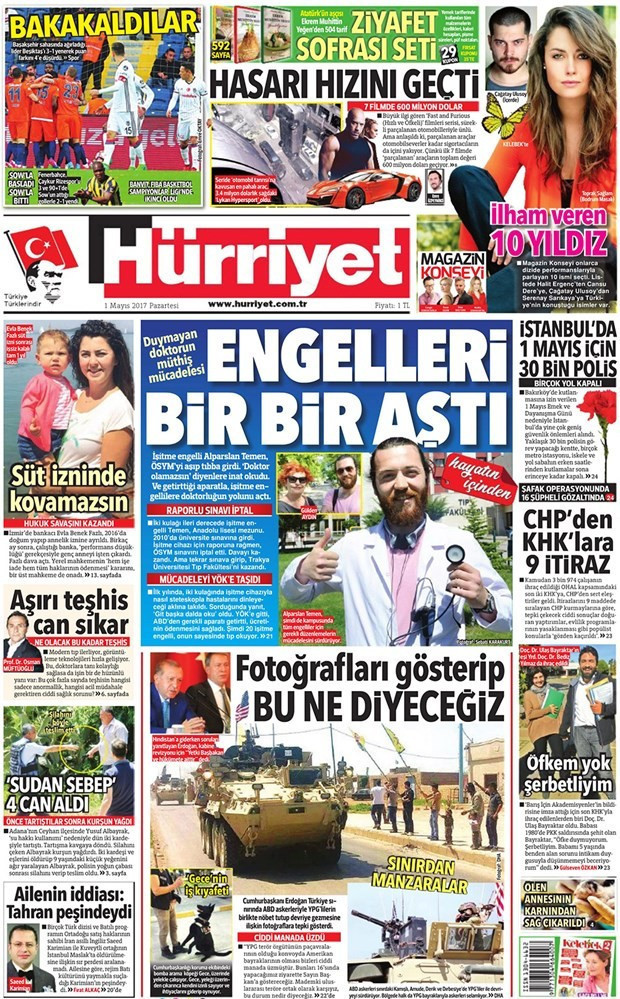 Gazete manşetleri Hürriyet - Sözcü - Fanatik 1 Mayıs 2017 - Resim: 1