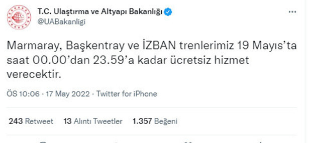 Ulaştırma ve Altyapı Bakanlığı duyurdu! 19 Mayıs'ta ücretsiz olacak - Resim: 0