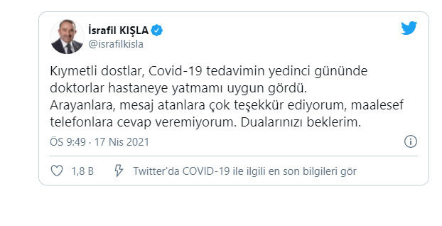 Covid-19 tedavisi gören Cumhurbaşkanı Başdanışmanı İsrafil Kışla hastaneye kaldırıldı - Resim: 0