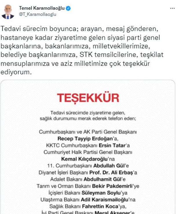 Kovid-19'u atlatan Temel Karamollaoğlu teşekkür listesi yayımladı: Sadece bir lider geçmiş olsun dememiş - Resim: 0
