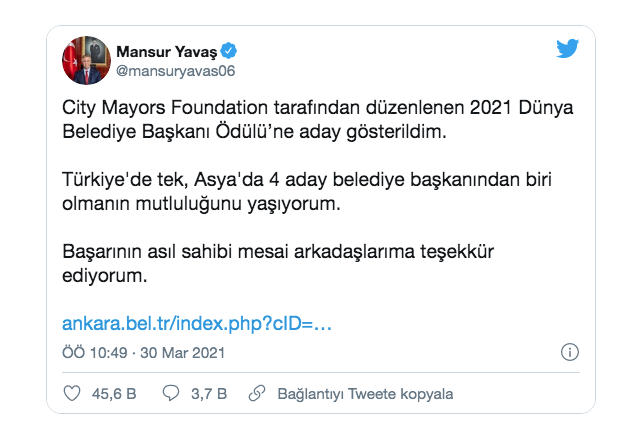 Mansur Yavaş ‘2021 Dünya Belediye Başkanı Ödülü’ne aday gösterildi - Resim: 0