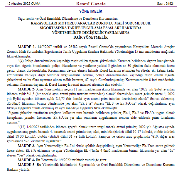 Trafik sigortasına zam Resmi Gazete'de! Artış oranı 3 katına çıktı! Tarihe dikkat! - Resim: 0