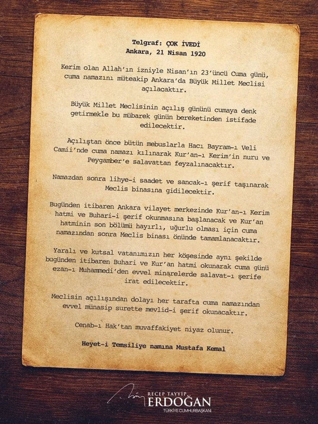 Cumhurbaşkanı Erdoğan’dan 1920 telgrafıyla mesaj: “Türkiye, manevi temeller üzerinde yükseldi” - Resim: 0