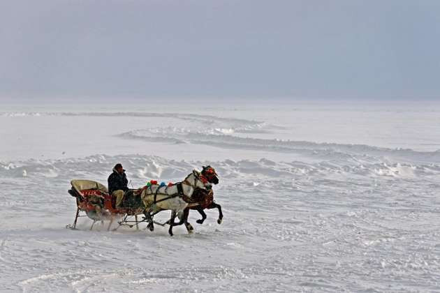 Donan göl üzerinde atlı kızak şov - Resim: 1